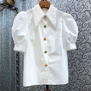 Vrouwen Blouses Bladerdeegmouwen Knop Witte Vrouwen Shirts Zomer Ontwerp 2023 Elegante Vrouwelijke Uitloper Jassen Top Kwaliteit