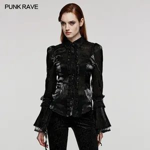 Blusas de mujer PUNK RAVE LOLITA Camisa con mangas acampanadas estampadas Exquisita decoración de encaje gótico Fiesta Club Tops negros Ropa de mujer