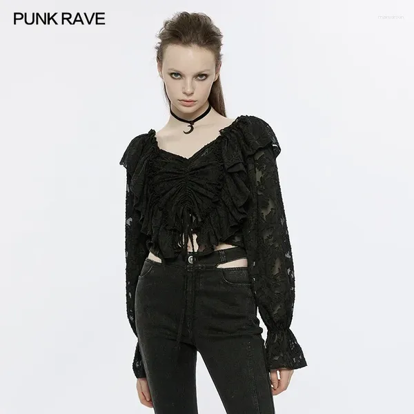 Blouses pour femmes PUNK RAVE à volants en forme de V col carré recueillir la taille hauts gothique quotidien texturé en mousseline de soie chemises noires vêtements pour femmes