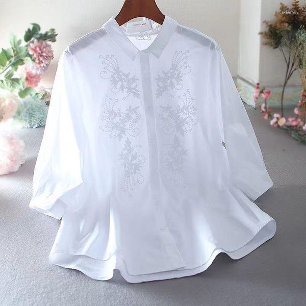 Blouses pour femmes pur coton rétro brodé chemise Blouse femme 2023 été ample décontracté 3/4 manches mince Style haut pour femme