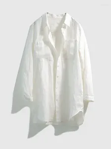 Chemise à manches longues en lin long en lin pur avec grand patch Style de petit ami de petit ami mi-longueur mince chemises printemps / été 24989