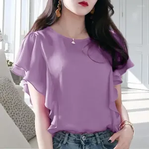Blouzen voor dames paarse blouse vrouwen korte mouw ruches tops Koreaanse stijl mode los plus size shirt