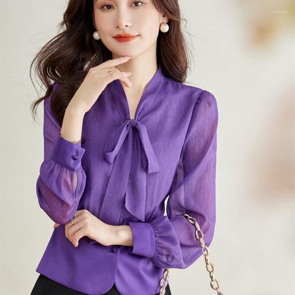 Chemisiers pour femmes couleur violette à lacets nœud femmes chemisier chemise manches longues travail de bureau hauts blancs dame vêtements taille XXL XL