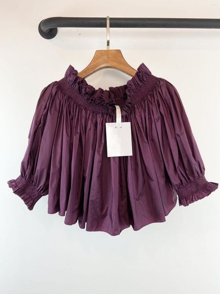 Blouses pour femmes violet une ligne épaule manteau tissu en soie ourlet frangé manchette décolleté conception élastique