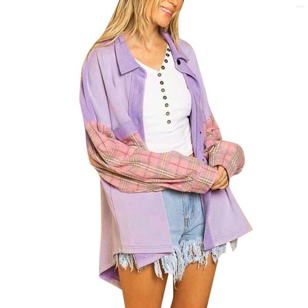 Blouses pour femmes violet Plaid Patchwork chemises surdimensionnées pour femmes mode décontracté et hauts col rabattu bouton vêtements d'extérieur manteaux