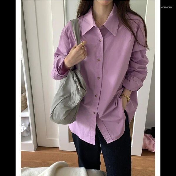 Blouses Femmes Chemises violettes Femmes Automne Casual Tops Lâche Manches longues Mode Cardigan Revers Coton Bouton All-Match Paresseux Relaxation