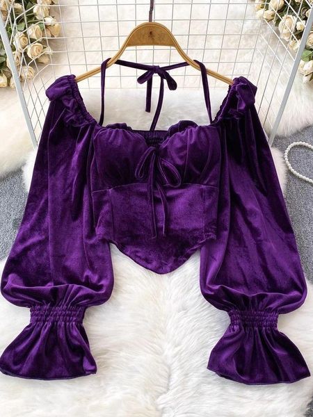 Blusas para mujeres Púrpura Velvet Francia Blusa vintage Mujeres 2024 Cobricante Coblar de cabestro Elegante Diseñador de manga de bengala Retro Y2K