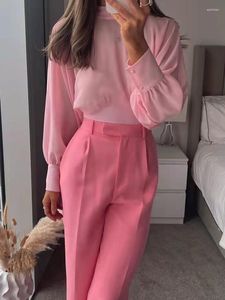 Blouses voor dames pubwd vrouwen halve kraag lange mouw blouse 2023 lente mode dames kantoor dame casual shirt vrouwelijk roze sag short top