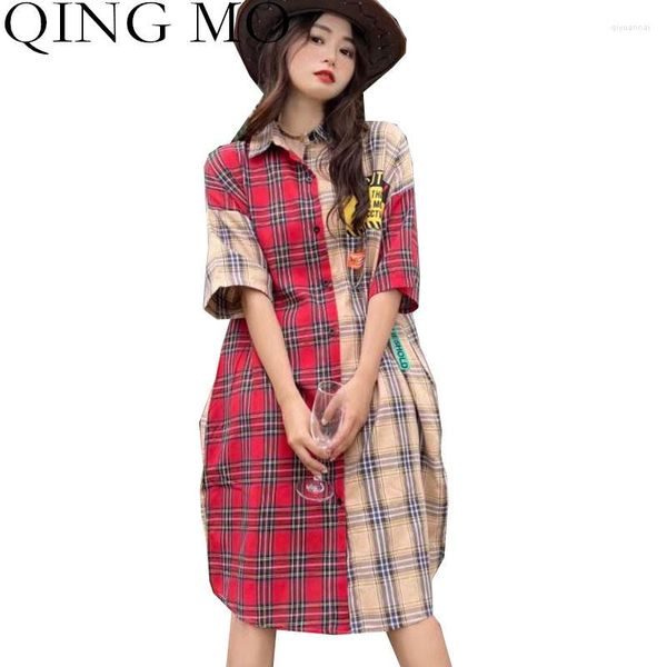 Blusas de mujer QING MO patrón de celosía camisa suelta mujer 2023 verano la moda de longitud media Color de costura manga corta LHX293A