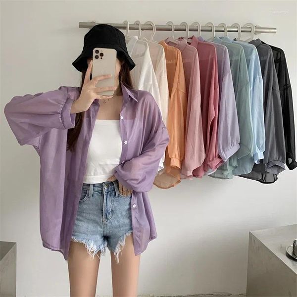 Blouses Femmes QNPQYX Coréen Ballon-Manches Sheer Mousseline Cardigan Femmes Été À Manches Longues Boutonné Chemises Vacances Plage Mince Couverture Manteau