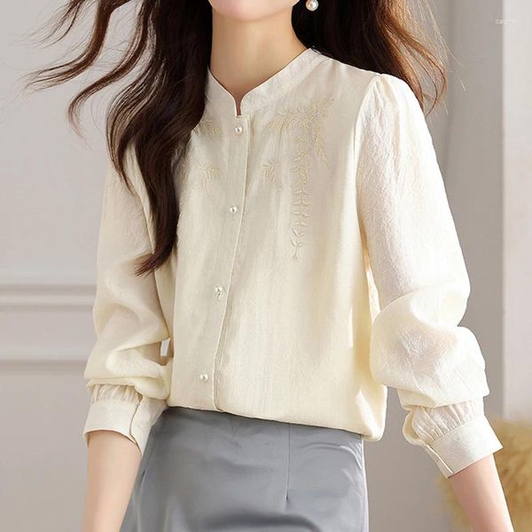 Blouses Femmes QOERLIN Style chinois broderie à manches longues col montant chemise femmes tempérament chemisier printemps automne tendance simple boutonnage