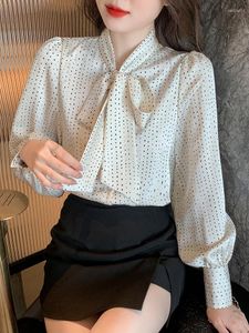 Women's Blouses Qoerlin Design Elegant Satin Shirts Women French Style 2023 Spring Polka Dot Bowtie Blosue Office Ladies Tops Blouse Vrouw