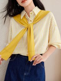 Women's Blouses Qoerlin Elegante vrouwen geel gestreepte shirt shirt mode tops sjaal casual vintage trends Koreaanse losse kantoor dames