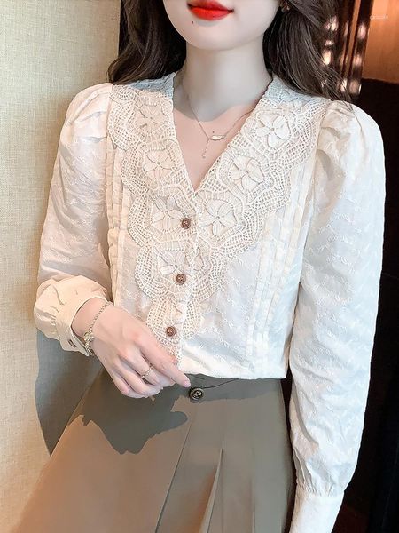 Blusas de mujer QOERLIN Camisas caladas de encaje de retales de estilo francés para mujer, blusa bordada con cuello en V de manga larga para primavera y verano, blusa de algodón
