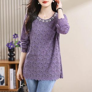 Blouses pour femmes Qoerlin M-xxxxl Purple Lace Hollow Out Lantern Sleeve Fashion Long Spring Summer Blouse 2024 Shirts Elegant