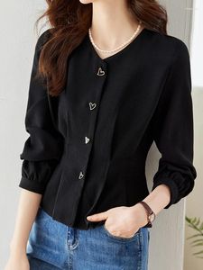 Chemisiers pour femmes QOERLIN Boutons en métal Chemises noires Bureau Dames Élégant Slim-Fit Col en V Mode Tempérament Blouse Manches Bouffantes Hauts Longs