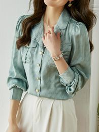 Women's Blouses Qoerlin Notched kraag lange mouw mouw munt satijn shirt vrouwen Koreaanse mode bisschop elegante kantoor dames tops blouse