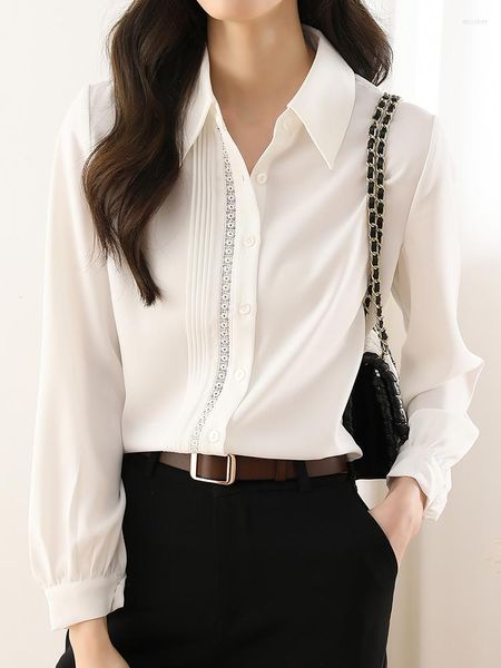 Blusas de mujer QOERLIN Decoración plisada Hollow Out White Shirt Office Ladies Turn-Down Blusa de manga larga Elegante Formal Tops Camisas Ropa de trabajo