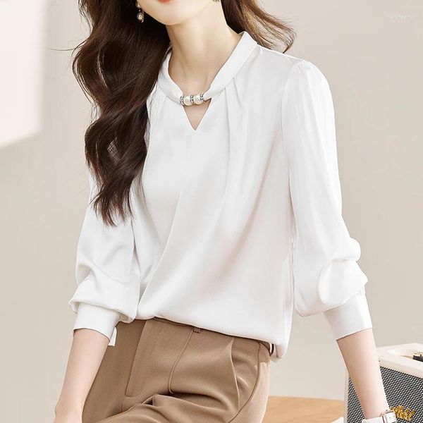 Blusas de mujer QOERLIN Elegantes camisas blancas de satén Blusa de manga larga para primavera y otoño Cuello alto con cuentas Elegantes jerseys para mujer de oficina