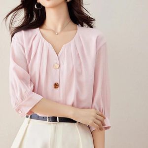 Women's Blouses Qoerlin Stijlvolle V Neck Button Up Pink Shirts Women 2024 Zomer Half Mouw Elegante Casual Tops Solid Color Blouse Ladies