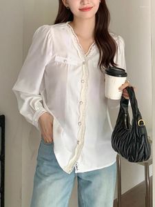 Blouses pour femmes Qoerlin Shirt en dentelle blanche V manches longues à manches longues Loose Contracte