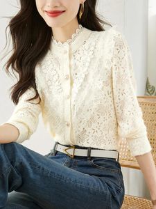 Damesblouses QOERLIN Dames Leuke Kanten Blouse Top Lange mouw Uitgesneden Turtle Neck Single-Breasted Shirts Abrikoos 2023 Lente Herfst