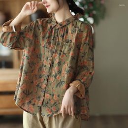 Femmes Blouses QPFJQD Femme Imprimé Floral Rétro Printemps Automne À Manches Longues Tops 2023 Femmes Bouton Lâche Chemises En Lin Turn-down Couleur