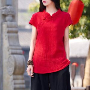 Blusas de mujer QPFJQD, blusas de lino y algodón de verano de manga corta rojas, blusa Original de estilo chino con botones Vintage, camisa étnica informal para mujer