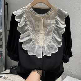 Women's Blouses Quality European mode 2023 Zomerafgifte kralen bezaaid met korte mouwen zijdeachtige chiffon shirt dames comfortabele blouse