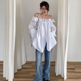 Vrouwen Blouses Qweek Koreaanse Mode Off Shoulder Vrouwen Casual Ruches Oversized Shirts Vrouwelijke 2023 Zomer Witte Lange Mouw Tops