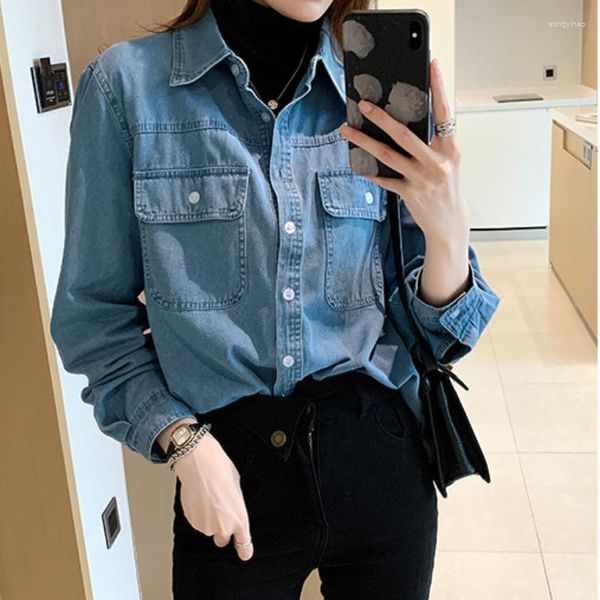 Blusas de mujer QWEEK Vintage Camisa de mezclilla estilo coreano de gran tamaño Jean bolsillo elegante blusa de manga larga Top señora Casual Harajuku moda