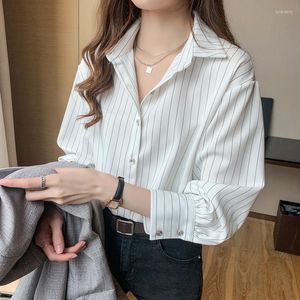 Women's Blouses Qweek witte blouse shirts gestreepte mode vrouw 2023 chiffon lange mouw vintage kantoor slijtage elegante tops mooi