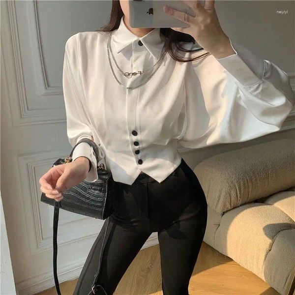 Blouses Femmes QWEEK Blanc Crop Top Femmes Vintage Élégant Bouton En Mousseline De Soie Chemise Coréenne Mode Longue Manches Bouffantes Printemps Automne Vêtements