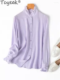 Blouses pour femmes Real Mulberry Silk Shirts For Women Spring Summer Woman Clothes Fashion Long Sleeve Tops Stand Collar Purple Shirt