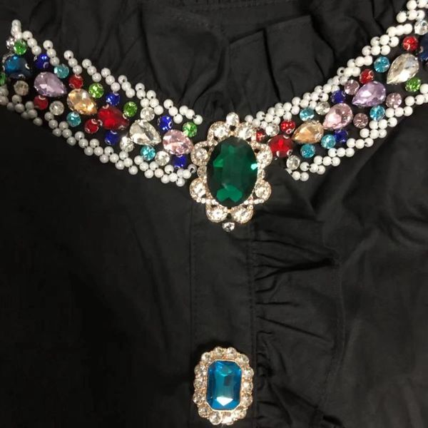 Chemisiers pour femmes Real Po Style de luxe diamants lourds point de perles broderie coton chemises longues femmes 2024 printemps manches haut