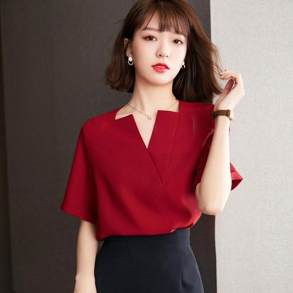 Chemisiers pour femmes Real S été coréen Vintage chemise à col en V à manches courtes pour femmes haut de gamme rouge