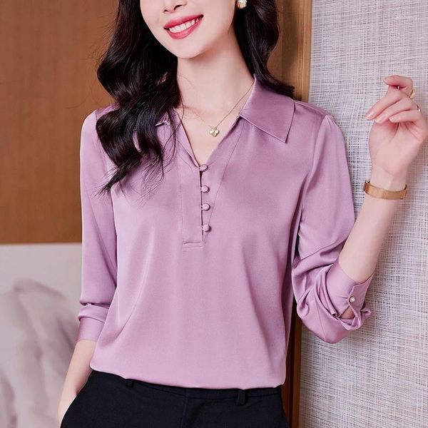 Blouses pour femmes Real Silk Purple Gris White Girt V-Col à manches longues Shirts Elegant And Fomen Women Loose Tops Office Lady Blouse