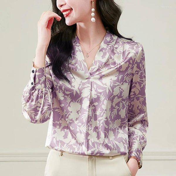 Blouses pour femmes Real Silk Satin Shirt Purple Black V-colmes Elegant Shirts For Women à manches longues Tops Woman Floral Print Chlouse