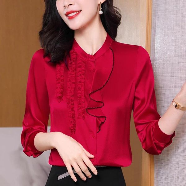 Blouses pour femmes chemise en Satin de soie véritable rouge blanc chemises Vintage à manches longues mode élégante pour haut pour femme bureau dame Blouse