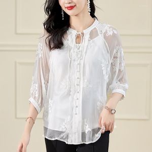Blouses pour femmes Real Silk Shirt 2023 Summer Elegant Bow Shirts Three Trater Sleeve for Women Embroidery Floral Blouse Tops