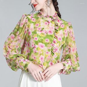 Blusas de mujer, camisas de seda auténtica para mujer, blusa Vintage elegante con manga larga acampanada, ropa, camisa Floral, Tops