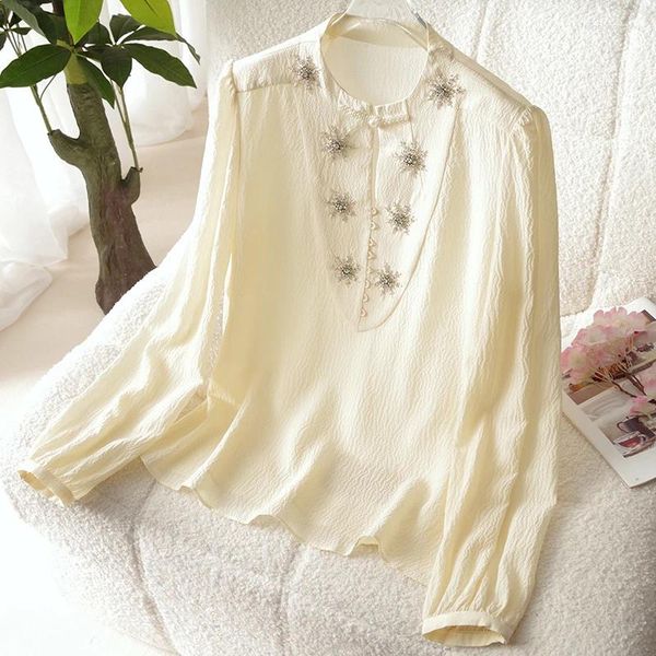 Blusas de mujer camisa vintage de seda real diamantes chinos diamantes manga larga blusa elegante camisas moda para mujeres