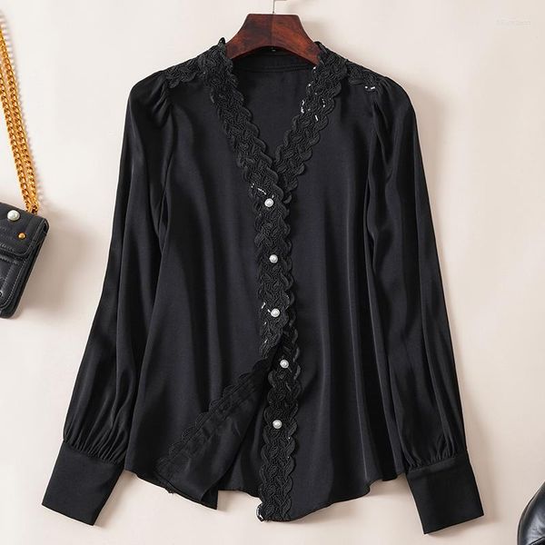 Blouses Femmes Chemise noire en soie véritable pour femme dentelle élégante Patchwork col en v à manches longues femme chemises femme chemisier solide printemps automne