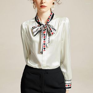 Chemisiers pour femmes en soie véritable chemise en Satin pour femmes imprimé nœud à manches longues chemises élégantes mode pour femmes hauts blancs femme Blouse décontractée