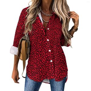 Blouses pour femmes Blouse ample léopard rouge et noir imprimé fourrure animale mode coréenne surdimensionnée à manches longues Kawaii chemise printemps design haut