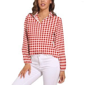 Blouses Femmes Rouge et Blanc Vichy Blouse Lâche Plaid Imprimer Mode Coréenne Surdimensionné Femmes Chemise À Manches Longues Vêtements Graphiques D'été