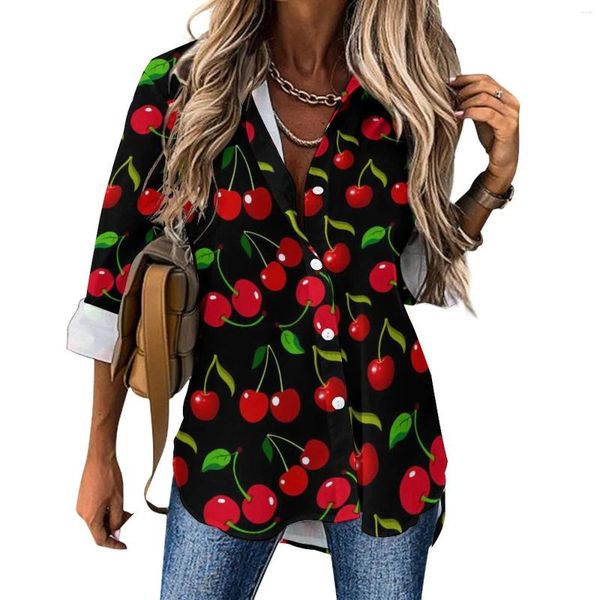 Blouses pour femmes Chemisier imprimé cerises rouges feuilles vertes Kawaii graphique décontracté femmes chemises de style de rue automne haut surdimensionné à manches longues