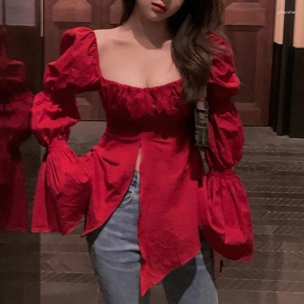 Blusas de mujer estilo rojo coreano blusa sexy mujeres diseño elegante elegante elegante mujer 2024 Autumn dulce ropa de fiesta de manga larga