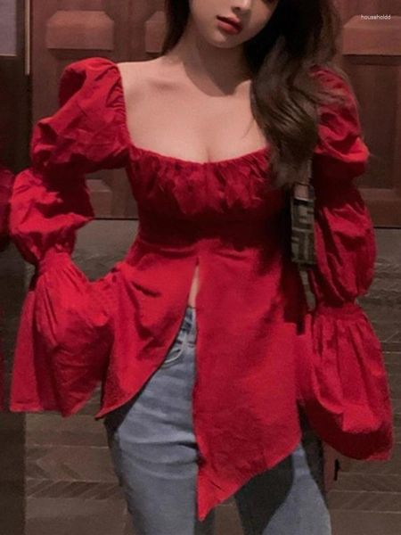 Blouses Femmes Rouge Style Coréen Chemisier Sexy Femmes Chic Design Casual Élégant Femme 2024 Été Doux À Manches Longues Soirée Vêtements De Soirée