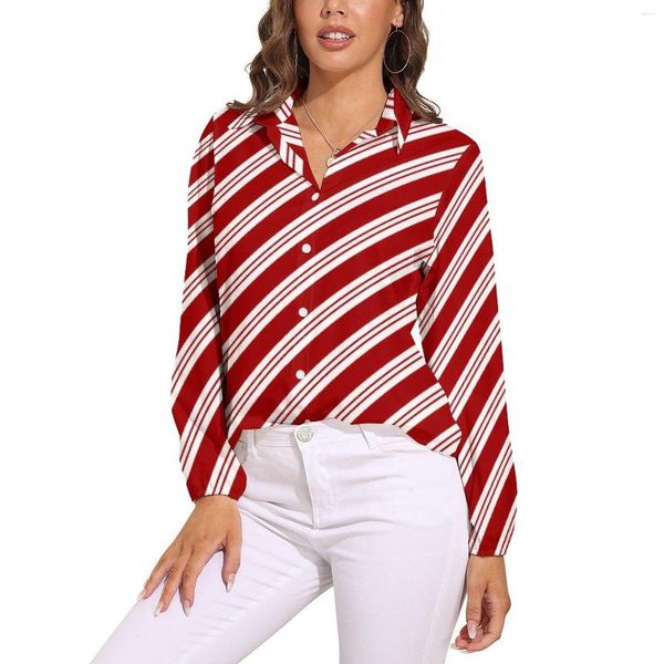 Blusas de mujer Línea roja Blusa suelta Rayas de bastón de caramelo de Navidad Moda callejera Camisa linda de manga larga para mujer de gran tamaño Ropa de otoño